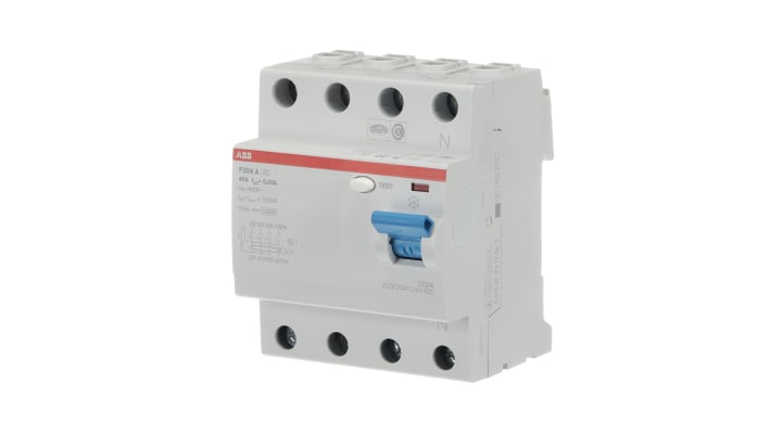 Interruttore differenziale ABB 4 poli, 40A, 30mA, montaggio su guida DIN, dimensioni 69 x 70 x 85mm, standard CE.
