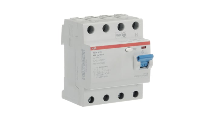 Interruttore differenziale ABB 4 poli, 40A, 30mA, montaggio su guida DIN, dimensioni 69 x 70 x 85mm, standard CE.