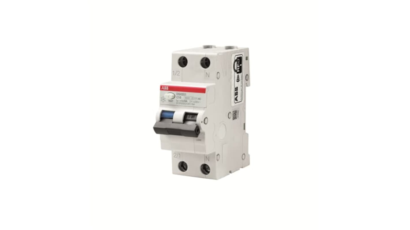Interruttore differenziale ABB DSH201 C32 A30, 32 A, 2 poli, 30 mA, montaggio su guida DIN, dimensioni 69 x 100 mm.