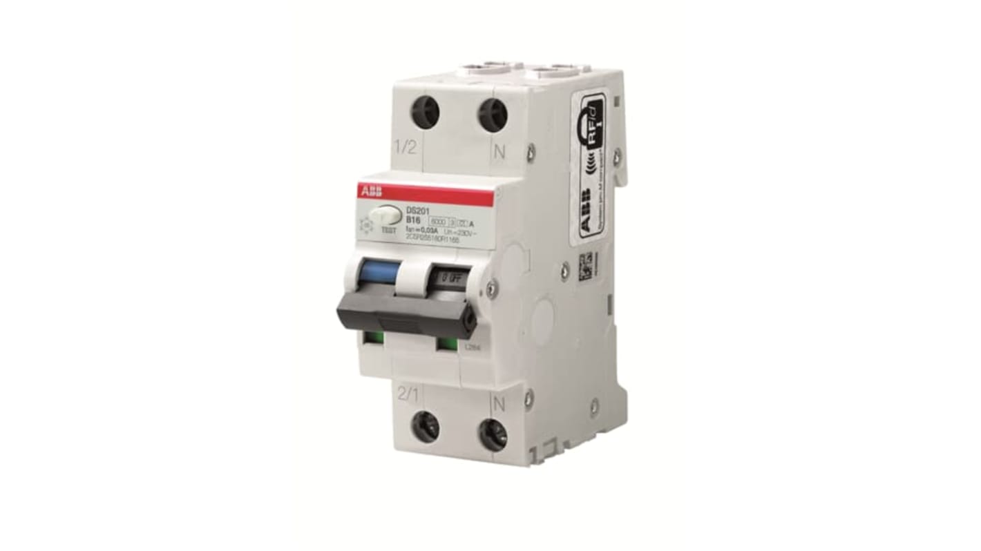 Interruttore differenziale ABB DS201 C32 A30, 2 poli, 32A, montaggio su guida DIN, dimensioni 69 x 35 x 85 mm.