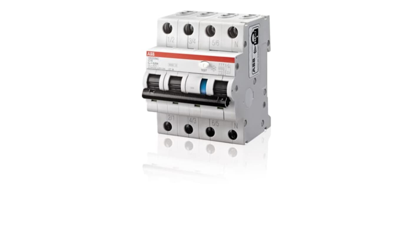Interruttore differenziale ABB DS203NC C10, 3P+N, 10 A, 30 mA, montaggio su guida DIN, temperatura operativa -25 a 55 gradi.