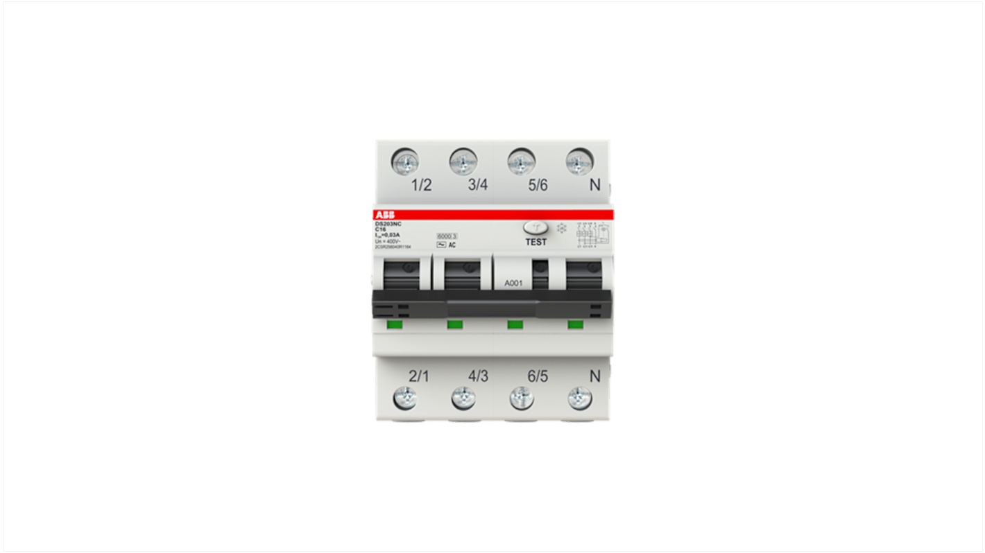 Interruttore differenziale ABB DS203NC, 4 poli, 16 A, 30 mA, montaggio su guida DIN, dimensioni 85 x 69 x 71 mm.