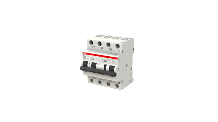 Interruttore differenziale ABB DS203NC, 4 poli, 16 A, 30 mA, montaggio su guida DIN, dimensioni 85 x 69 x 71 mm.