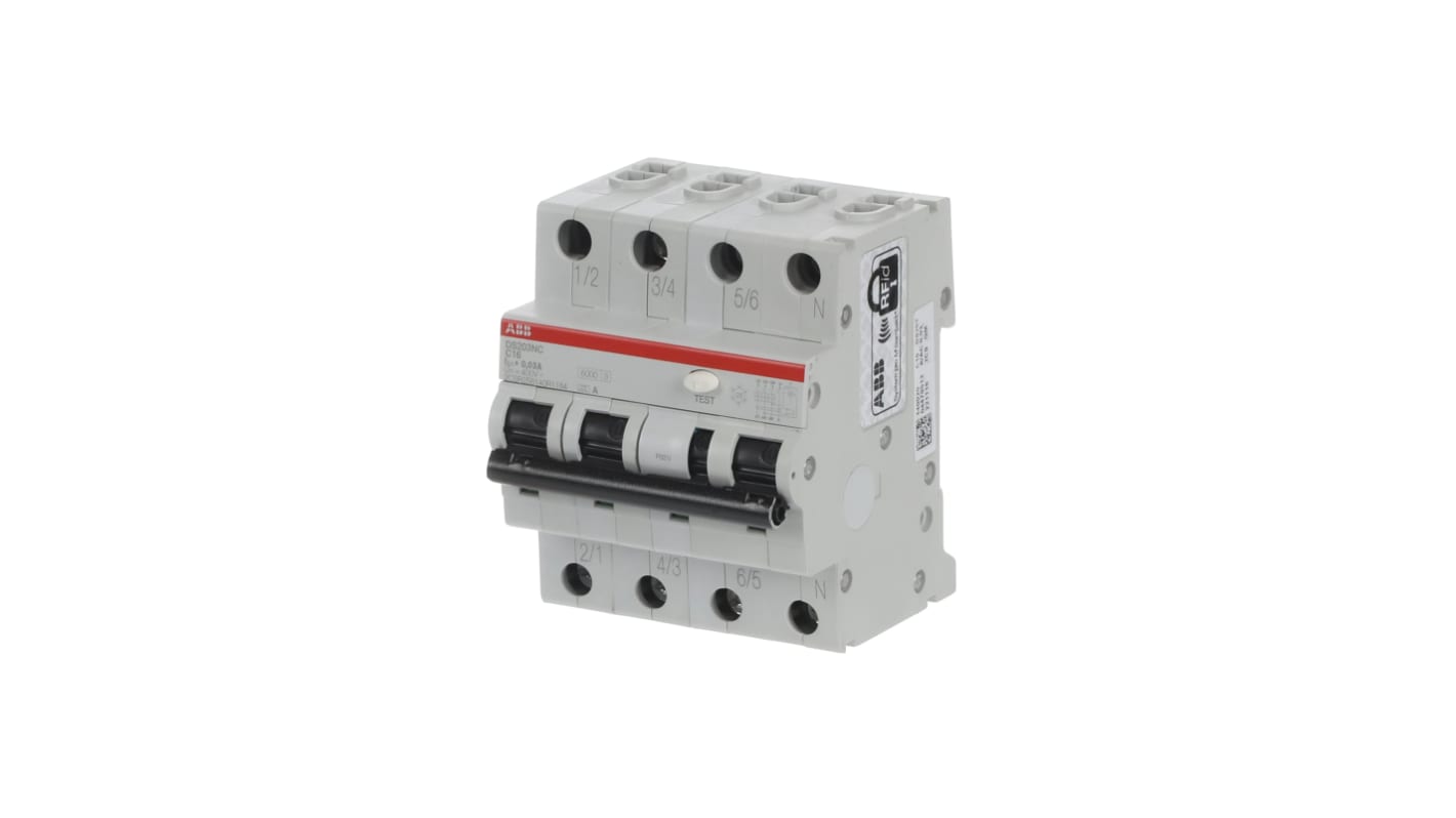 Interruttore differenziale 4 poli ABB, 16A, sensibilità 30mA, montaggio su guida DIN, dimensioni 69 x 71 x 85mm.