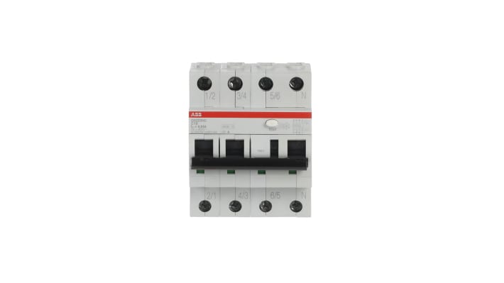 Interruttore differenziale 4 poli ABB, 16A, sensibilità 30mA, montaggio su guida DIN, dimensioni 69 x 71 x 85mm.