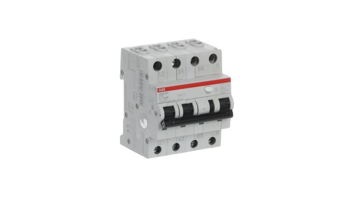 Interruttore differenziale 4 poli ABB, 16A, sensibilità 30mA, montaggio su guida DIN, dimensioni 69 x 71 x 85mm.
