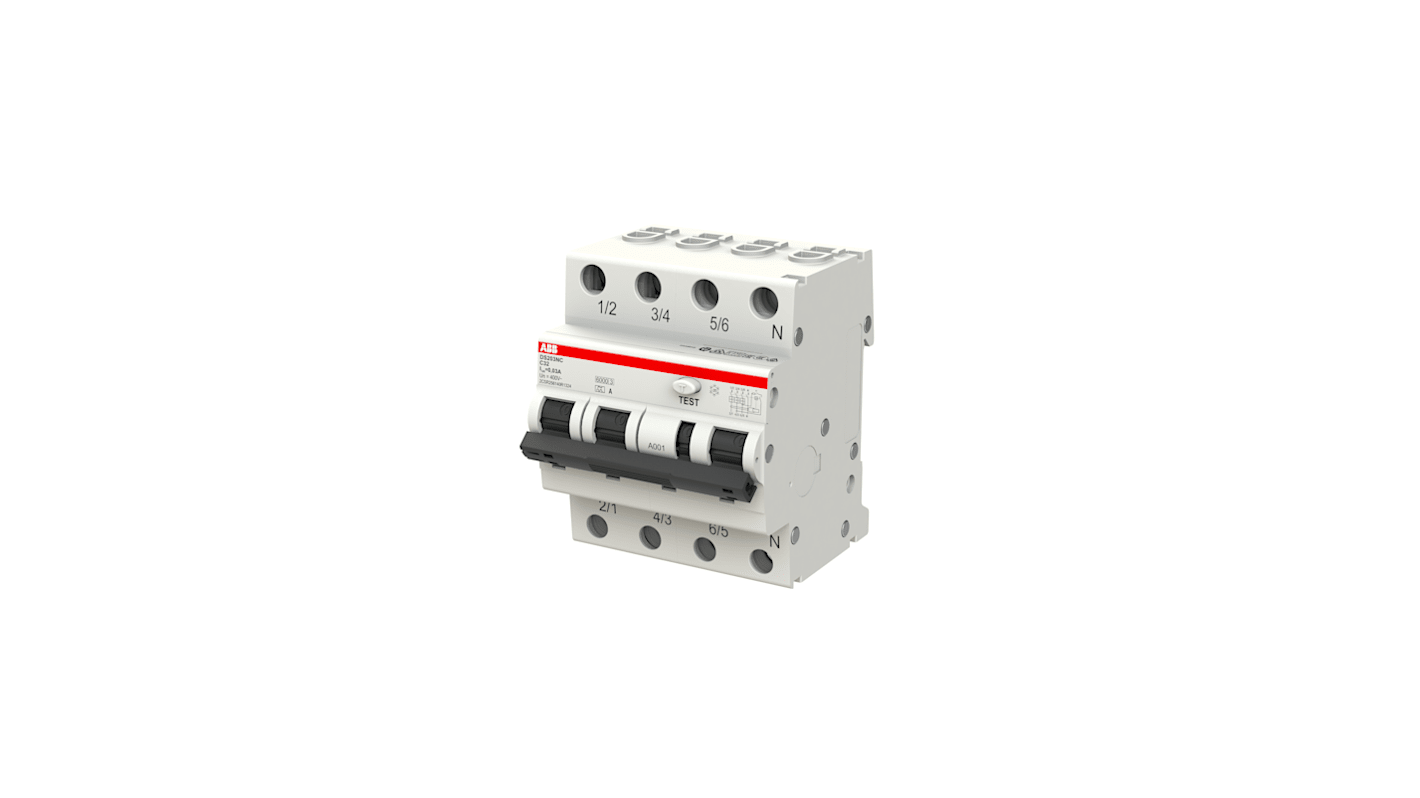 Interruttore differenziale ABB 4 poli, 32A, 30mA, montaggio su guida DIN, dimensioni 69 x 71 x 85mm, conforme CE.