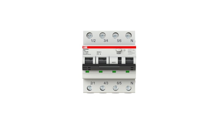 Interruttore differenziale ABB 4 poli, 32A, 30mA, montaggio su guida DIN, dimensioni 69 x 71 x 85mm, conforme CE.