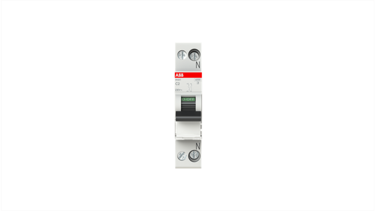 Interruttore magnetotermico ABB SN201-C2, 1P+N, 2A, 230V, montaggio su guida DIN, dimensioni 18x69x85 mm, grado di protezione IP40.
