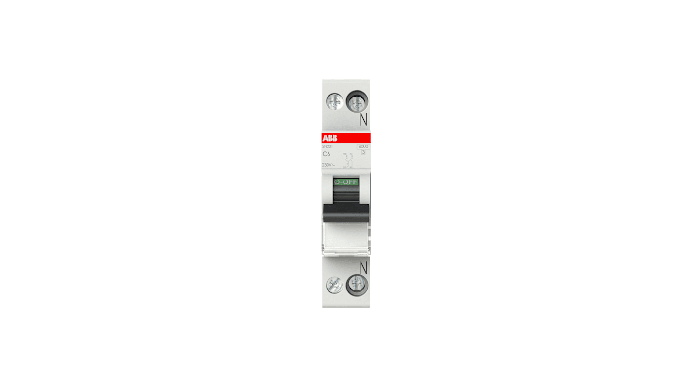 Interruttore magnetotermico ABB SN201-C6, Tipo C, 6A, 6 kA, montaggio su guida DIN, dimensioni 18x69x85 mm.