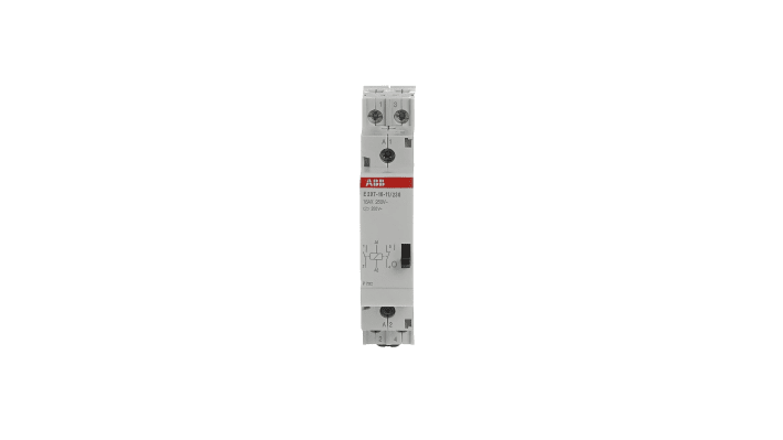 Relè di potenza ABB SPDT per montaggio su guida DIN, tensione 230V, corrente 16A, dimensioni 62x85x18mm.
