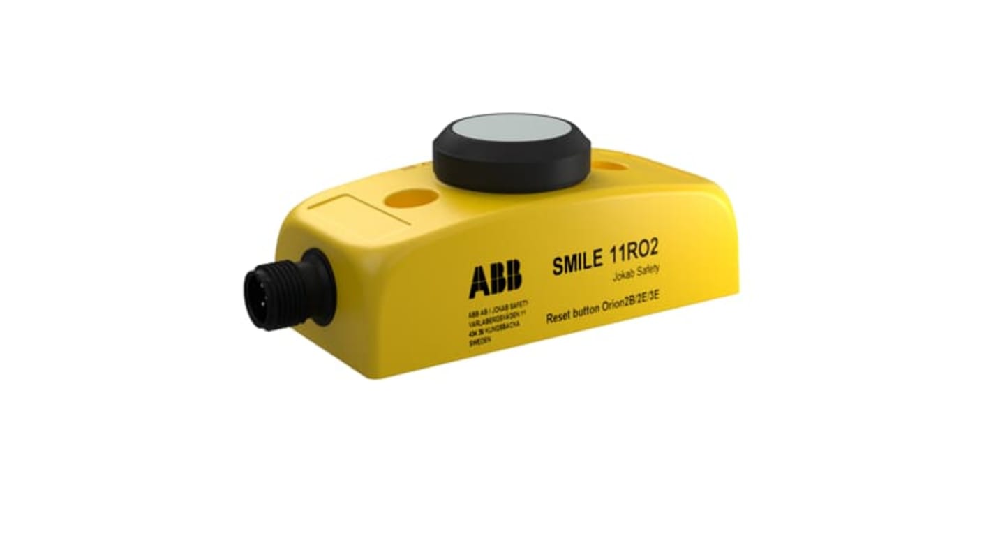 Pulsante di reset a rilascio a trazione ABB, illuminato, montaggio a pannello, con connettore M12-5 poli, colore nero e giallo.