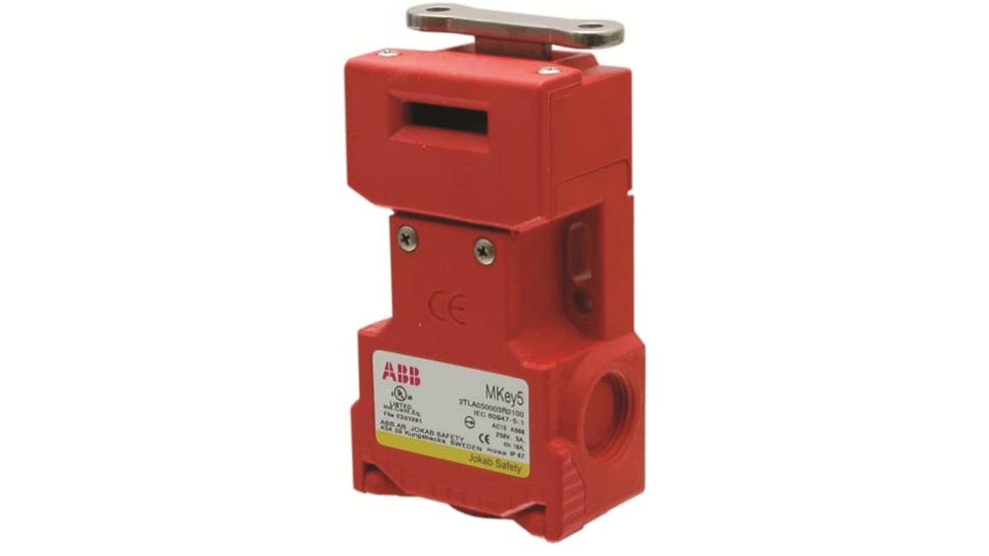Interruttore di interblocco di sicurezza ABB MKey5, configurazione 2NA/1NC, grado di protezione IP67, custodia in plastica.