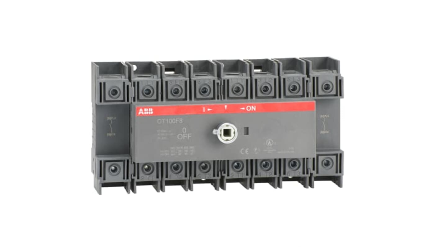 Sezionatore interruttore ABB OT100F8, 8 poli, corrente 100A, montaggio su base OT100F8, grado di protezione IP20.