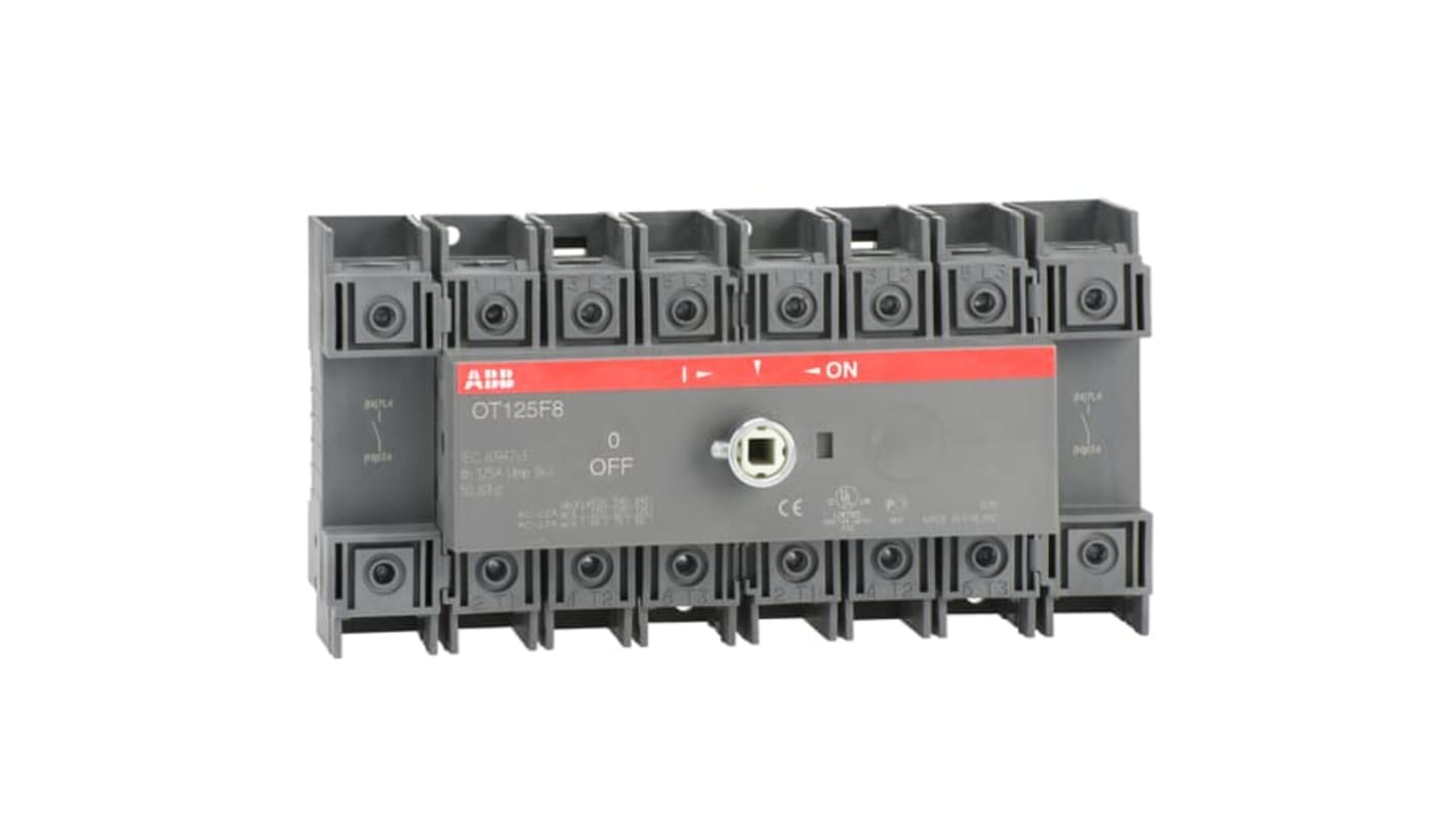 Sezionatore interruttore ABB OT125F8, 8 poli, corrente 125A, montaggio su base, grado di protezione IP20.