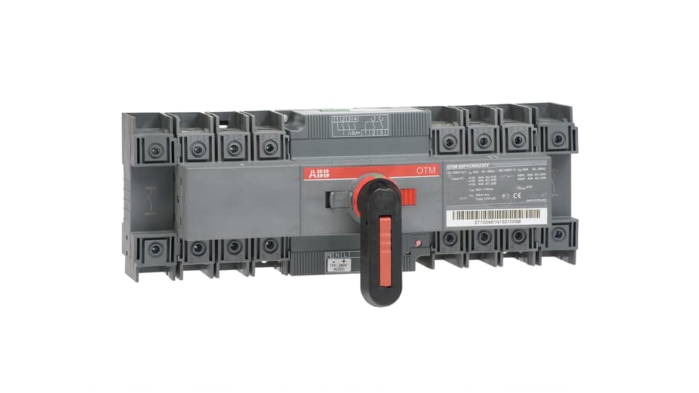 Sezionatore portafusibili motorizzato ABB OTM63F4CMA230V, 4 poli, corrente massima 63A, con maniglia per funzionamento manuale.