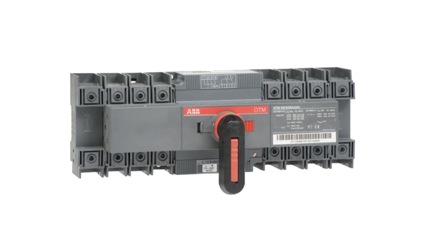 Sezionatore portafusibili ABB OTM40F4CMA230V, 4 poli, corrente massima 40A, con maniglia per operazione manuale e kit di montaggio.