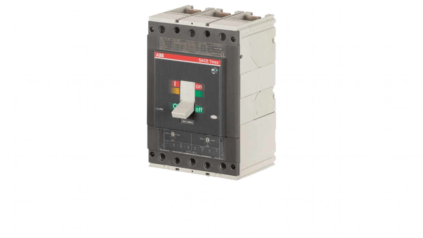 Interruttore automatico MCCB ABB 400A, 690V, tre poli, montaggio fisso, tecnologia termomagnetica, dimensioni 103.5mm x 140mm x 205mm.