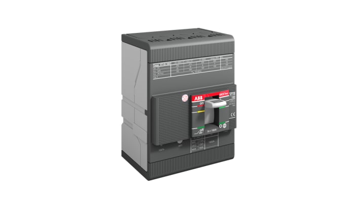 Interruttore automatico MCCB ABB, 4 poli, 100A, montaggio fisso, dimensioni 70mm x 101.6mm x 130mm, per applicazioni industriali.
