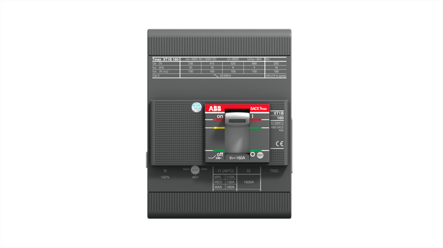 Interruttore automatico MCCB ABB XT1C 160 TMD 160A FF, 4 poli, montaggio fisso, 160 A, progettato per ambienti critici.
