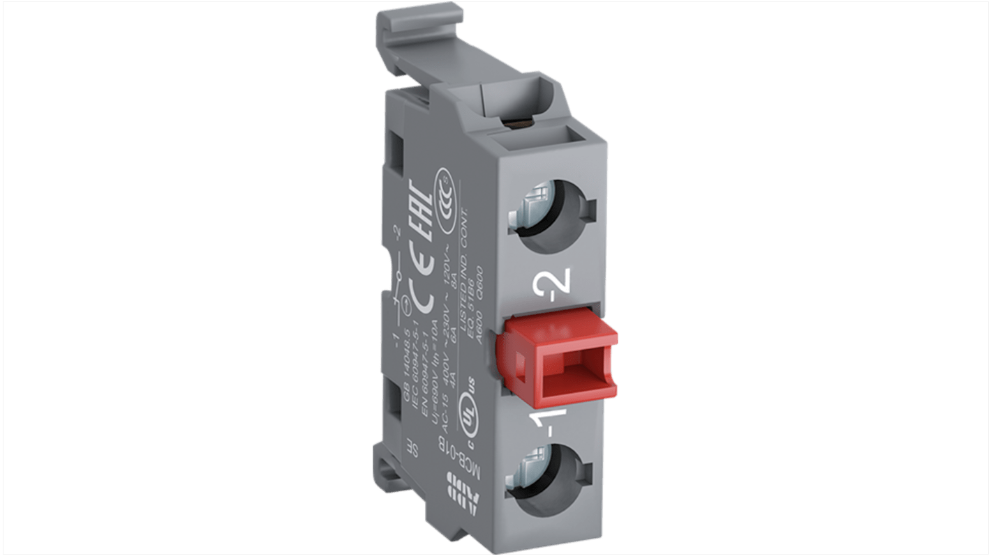 Blocco contatti modulare ABB MCB-01BG, configurazione 1 N/A + 1 N/C, tensione 690V, morsetti a vite, compatibile con MP1-4.