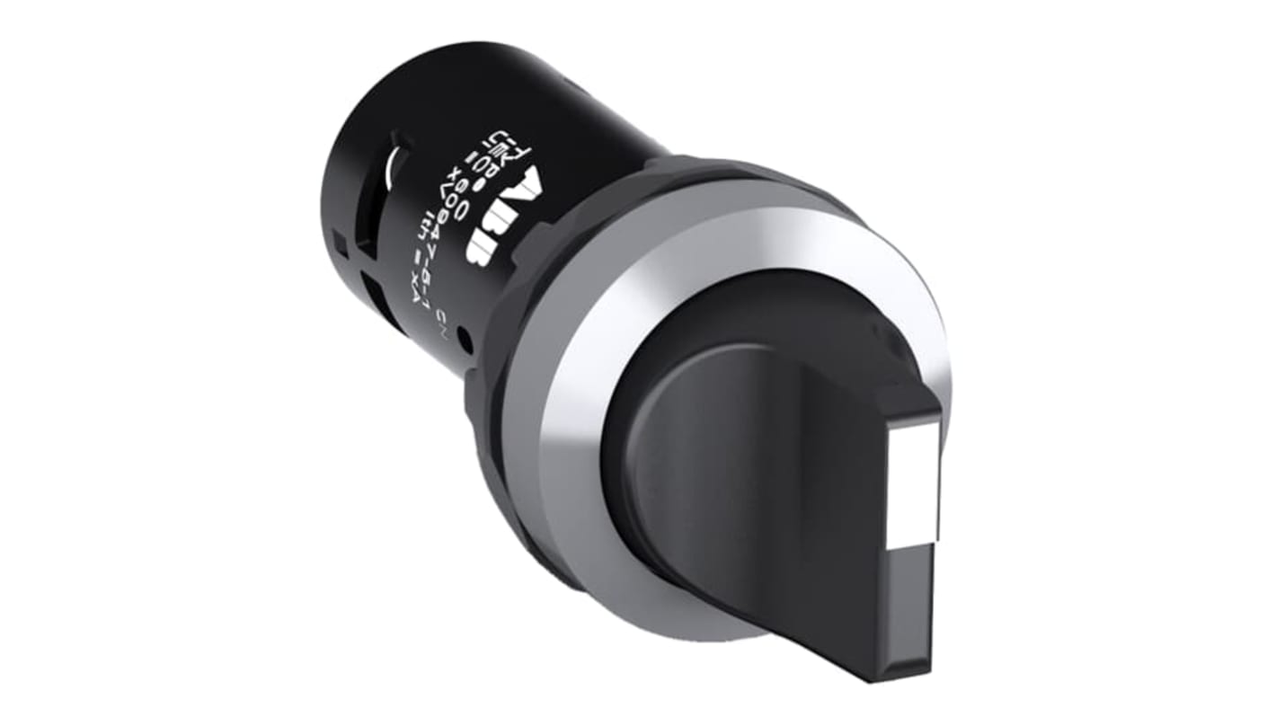 Selettore a 2 posizioni ABB, modello 1SFA619201R3026, in metallo cromato nero, configurazione SPDT, grado di protezione IP66.