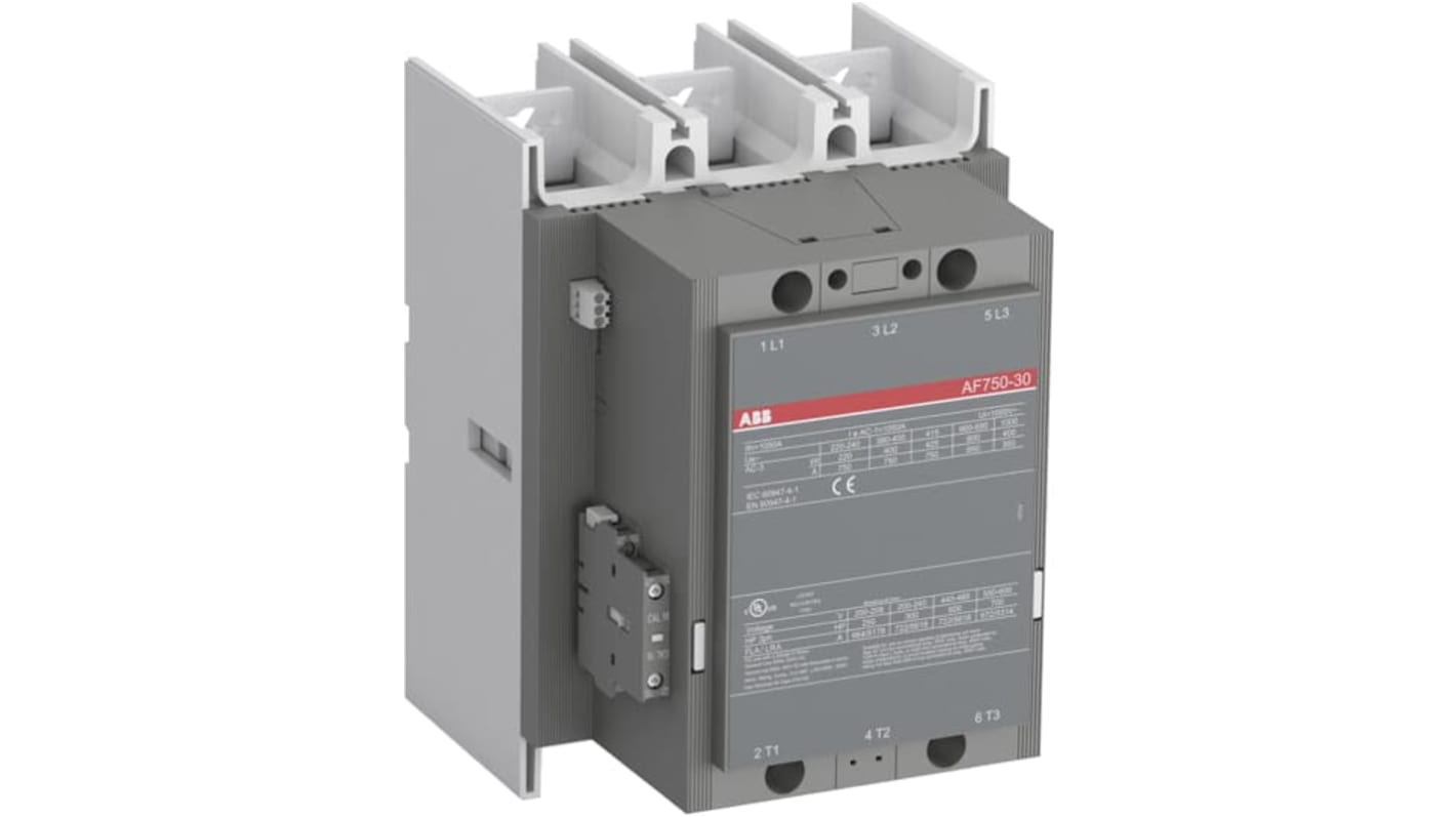 Contattore ABB 1SFL637001R7011 AF750-30-11, 3 poli, 3 contatti NO, 250 V, 1 kA, 425 kW, protezione sovratensioni.