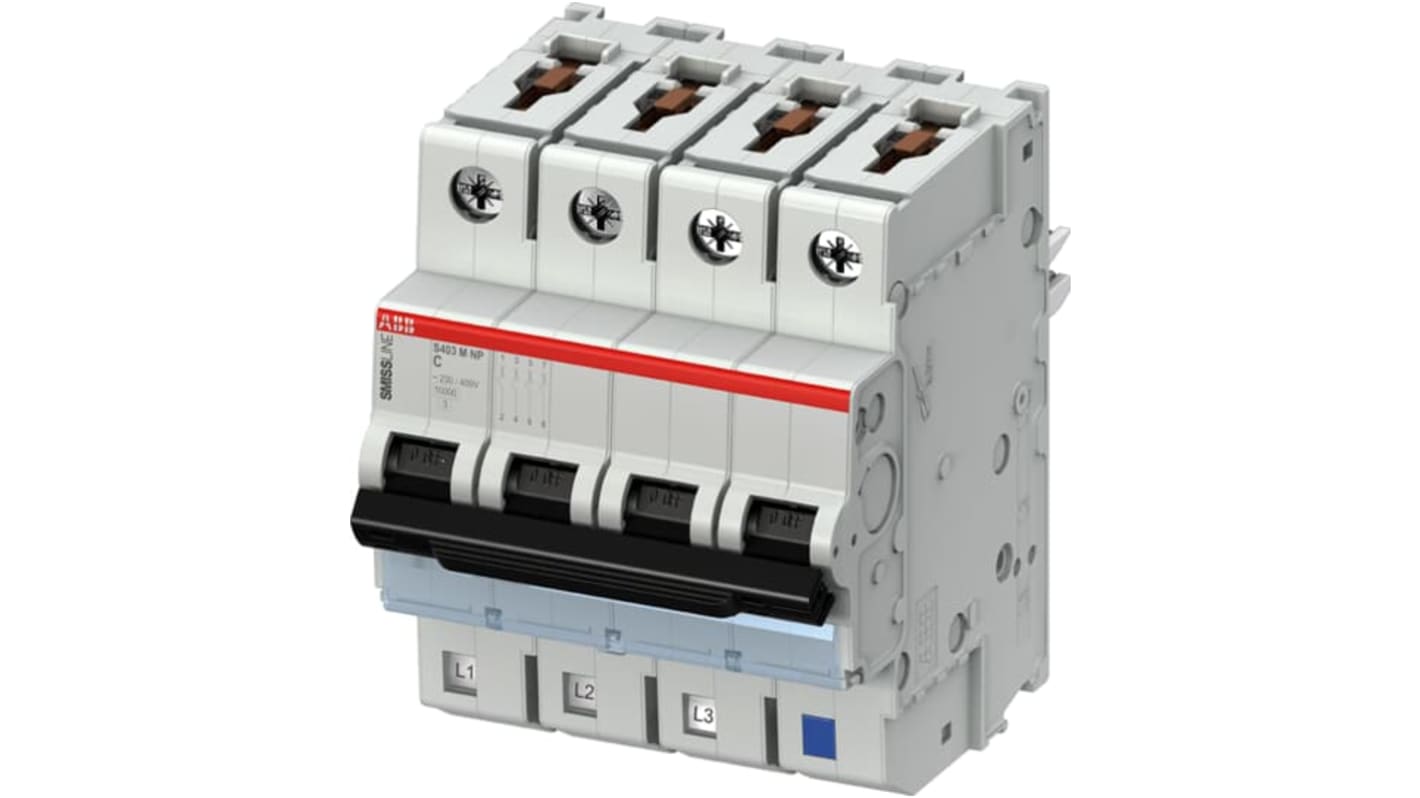 Interruttore magnetotermico ABB S403M-C20NP, 4 poli, 20A, montaggio su guida DIN, grado di protezione IP20.