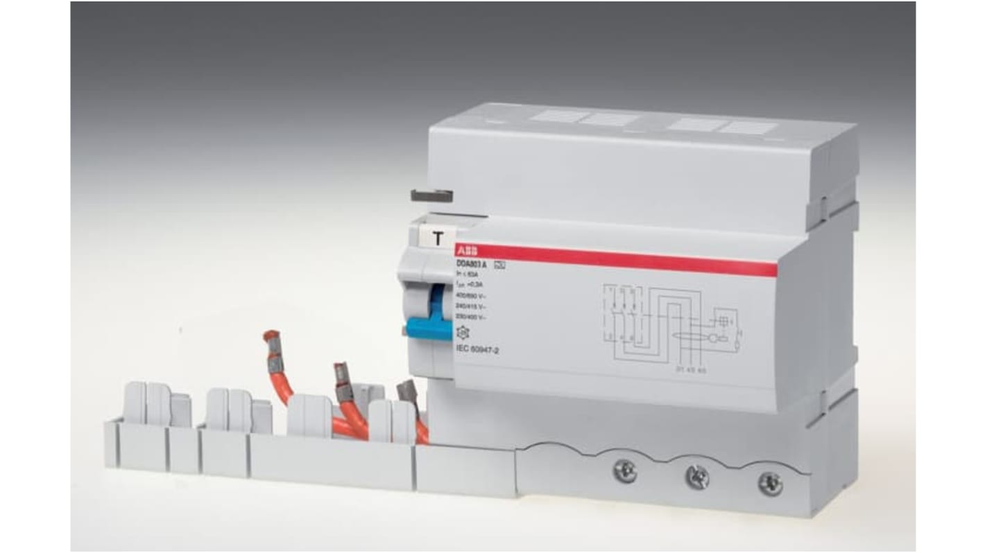 RCD ABB DDA803AC, dispositivo di protezione 3 poli 63A, sensibilità 30mA, montaggio su guida DIN, tensione 400V.