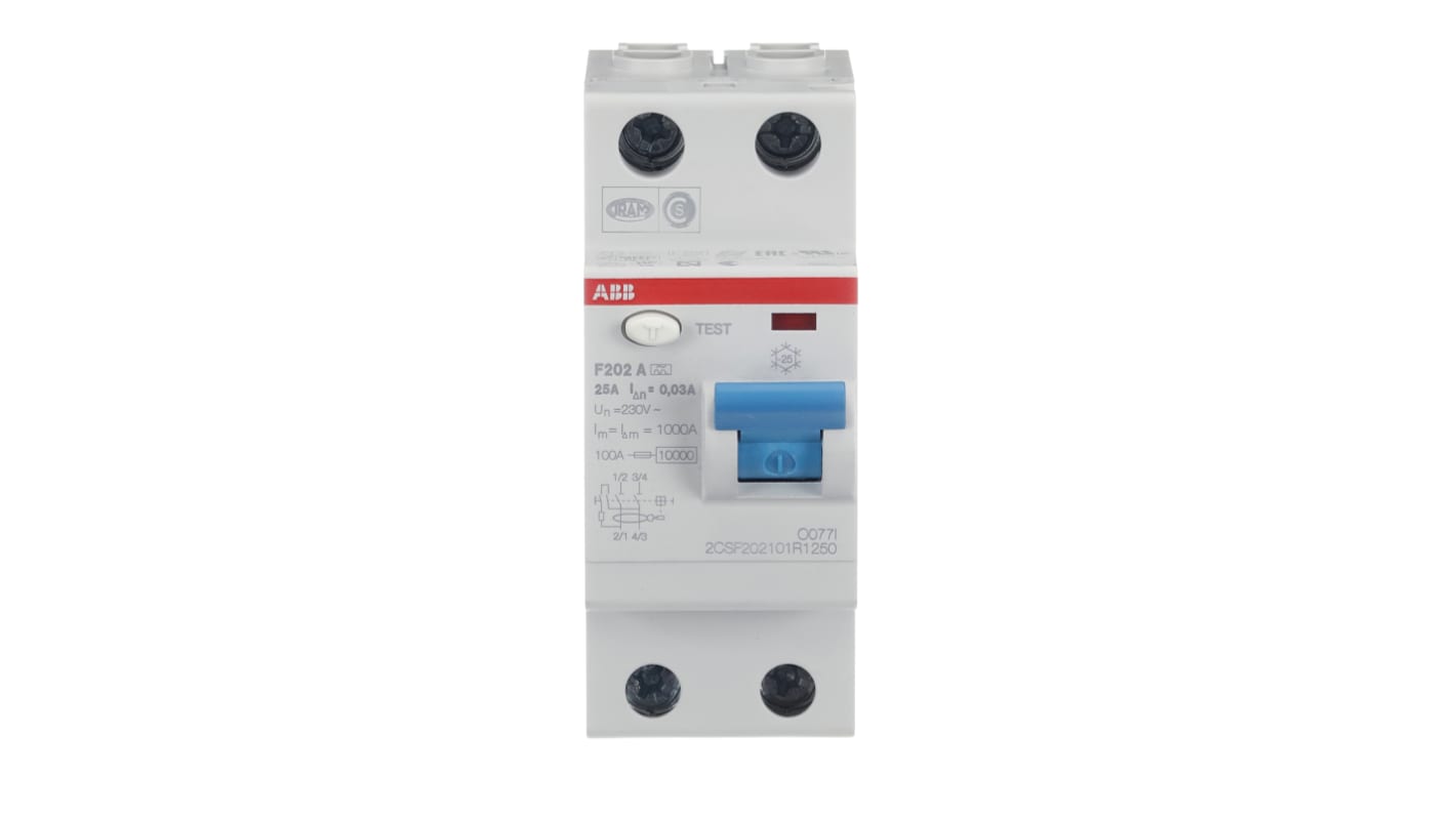 Interruttore differenziale ABB F202 A-25/0.03, 25A, 2 poli, 30mA, montaggio su guida DIN, dimensioni 69 x 35 x 85mm.