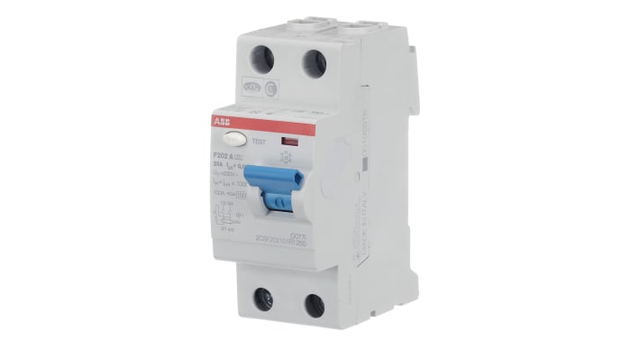 Interruttore differenziale ABB F202 A-25/0.03, 25A, 2 poli, 30mA, montaggio su guida DIN, dimensioni 69 x 35 x 85mm.