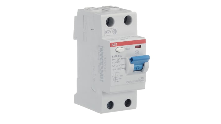 Interruttore differenziale ABB F202 A-25/0.03, 25A, 2 poli, 30mA, montaggio su guida DIN, dimensioni 69 x 35 x 85mm.