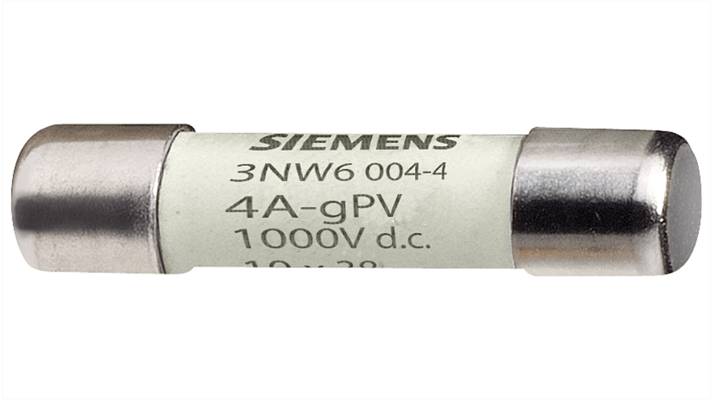 Fusibile a cartuccia Siemens 3NW6007-4, 20A, 10 x 38 mm, tensione 1000 V c.c., montaggio verticale consigliato.