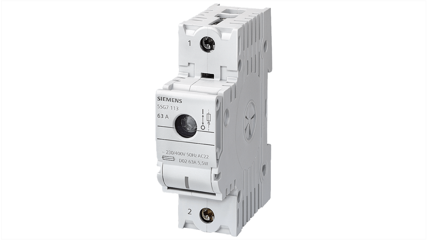 Sezionatore portafusibili Siemens 5SG7153, 2 poli, 63A, fusibile D02 MINIZED, tensione 230 V, grado di protezione IP20.
