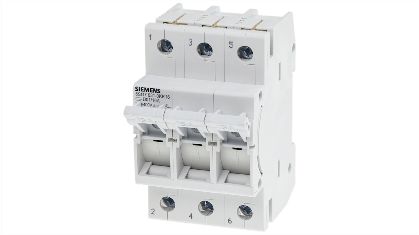 Sezionatore portafusibili Siemens 5SG7631-0KK10, tre poli, 10A, 400 V c.a., grado di protezione IP20.