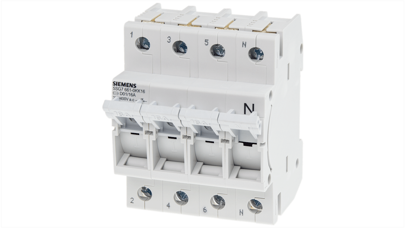 Sezionatore portafusibili Siemens 5SG7661-0KK16, 4 poli, 16A, fusibile D01 MINIZED, tensione 400 V, grado di protezione IP20.
