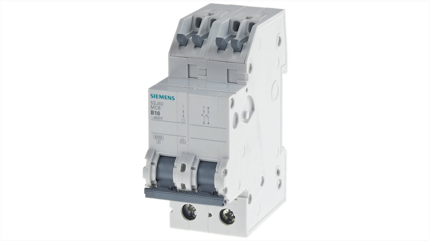 Interruttore magnetotermico Siemens 2 poli 20A, modello 5SJ6220-7KS, per montaggio su guida DIN, per protezione circuiti elettrici.