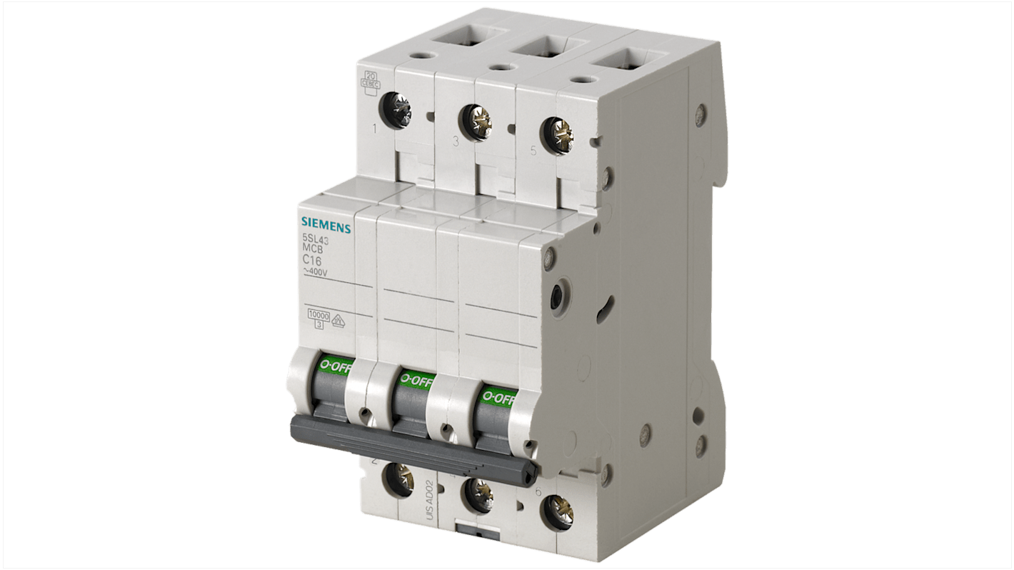 Interruttore magnetotermico Siemens 5SL4304-8, 3 poli, 4A, 400 V, montaggio su guida DIN, protegge circuiti da danni elettrici.