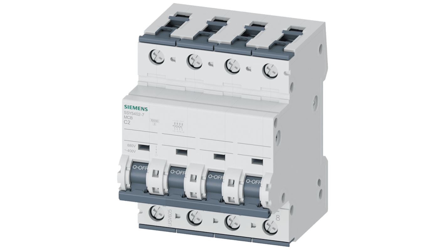 Interruttore magnetotermico Siemens 4P Tipo C, 2A, 400 V, montaggio su guida DIN, serie 5SY, per protezione circuiti elettrici.