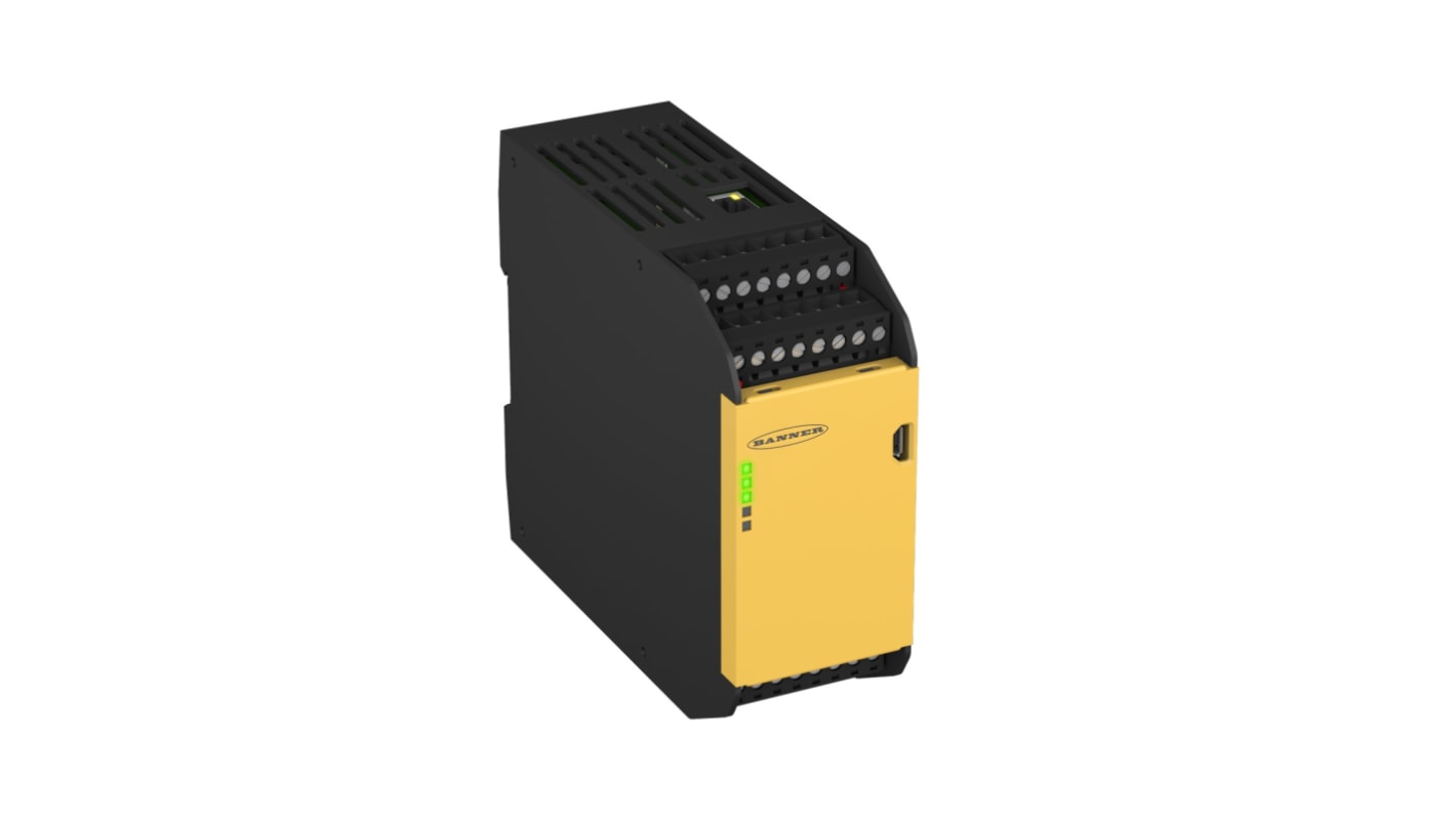 Controller di sicurezza Banner XS26-2E, 28 I/O, 26 ingressi, 2 uscite, alimentazione 24 V c.c., dimensioni 110 x 45 x 129 mm.