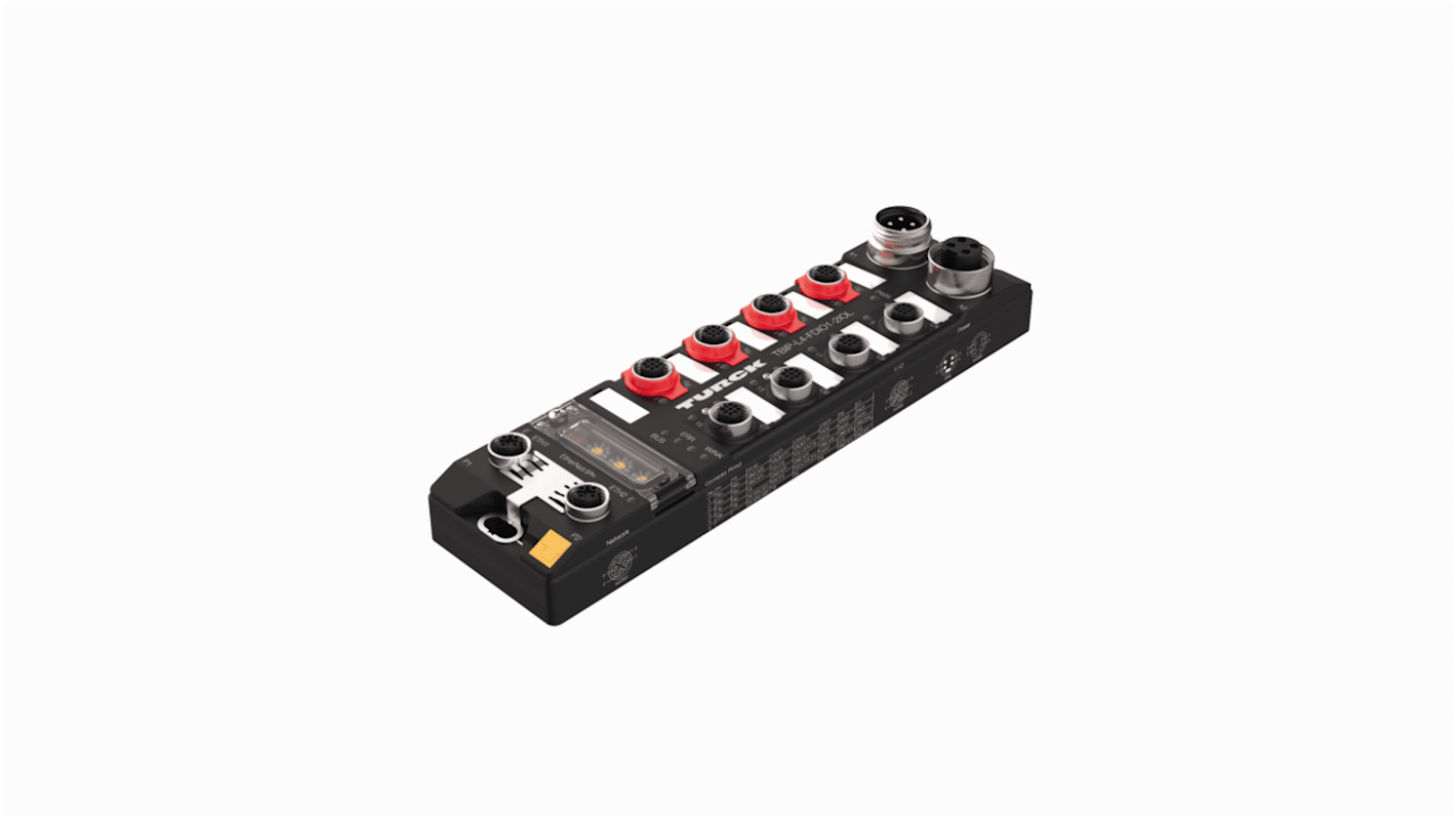 Modulo I/O Turck TBIP-L4-FDIO1-2IOL, con due ingressi digitali SIL3, switch Ethernet integrato e protezione IP65/IP67/IP69K.