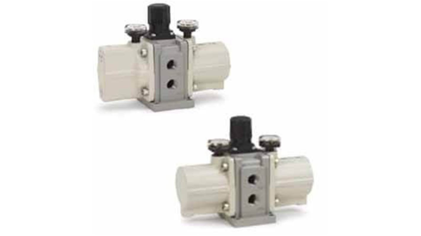 Regolatore pneumatico SMC VBA11A-02GLS, attacco Rc 1/4, pressione massima 16 bar, silenziatore integrato, dimensioni compatte.