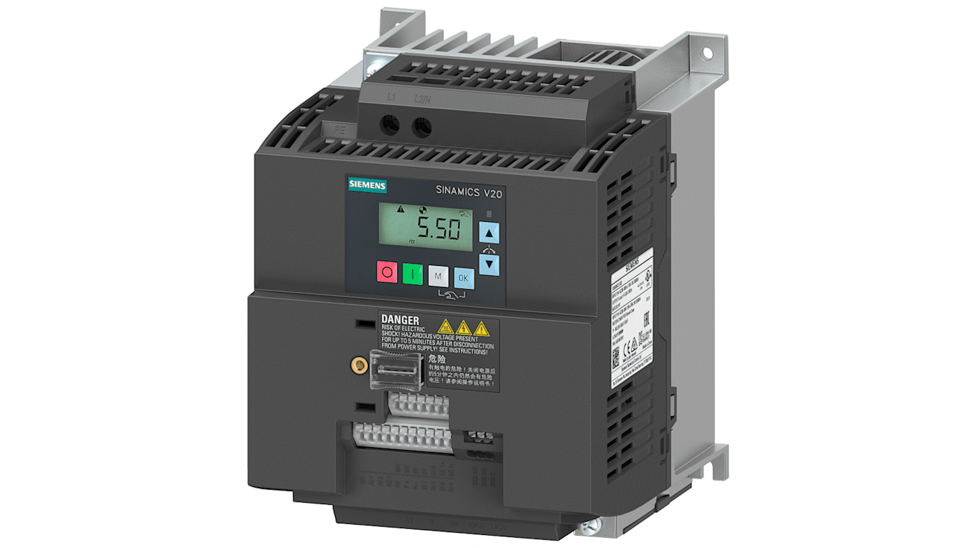 Convertitore industriale elettronico Siemens 6SL3210-5BB23-0BV1 SINAMICS V20 2,2 kW 230V IP20 CE. Ideale per applicazioni industriali, comunicazione field bus USS, frequenza di uscita 550Hz.