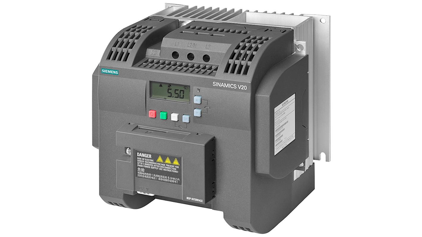 Convertitore Siemens 6SL3216-5BE17-5CV0, 0,75 kW, 3 fasi, dimensioni 176,5 x 136 x 160 mm, grado di protezione IP20.