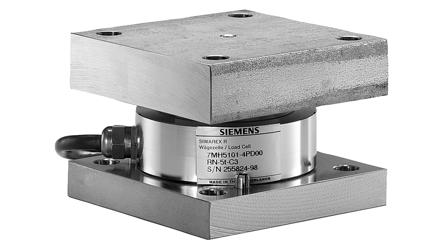 Cella di carico per compressione Siemens 7MH4115-3DC11, capacità 60-280kg, in acciaio inox con piastra di base e centraggio.