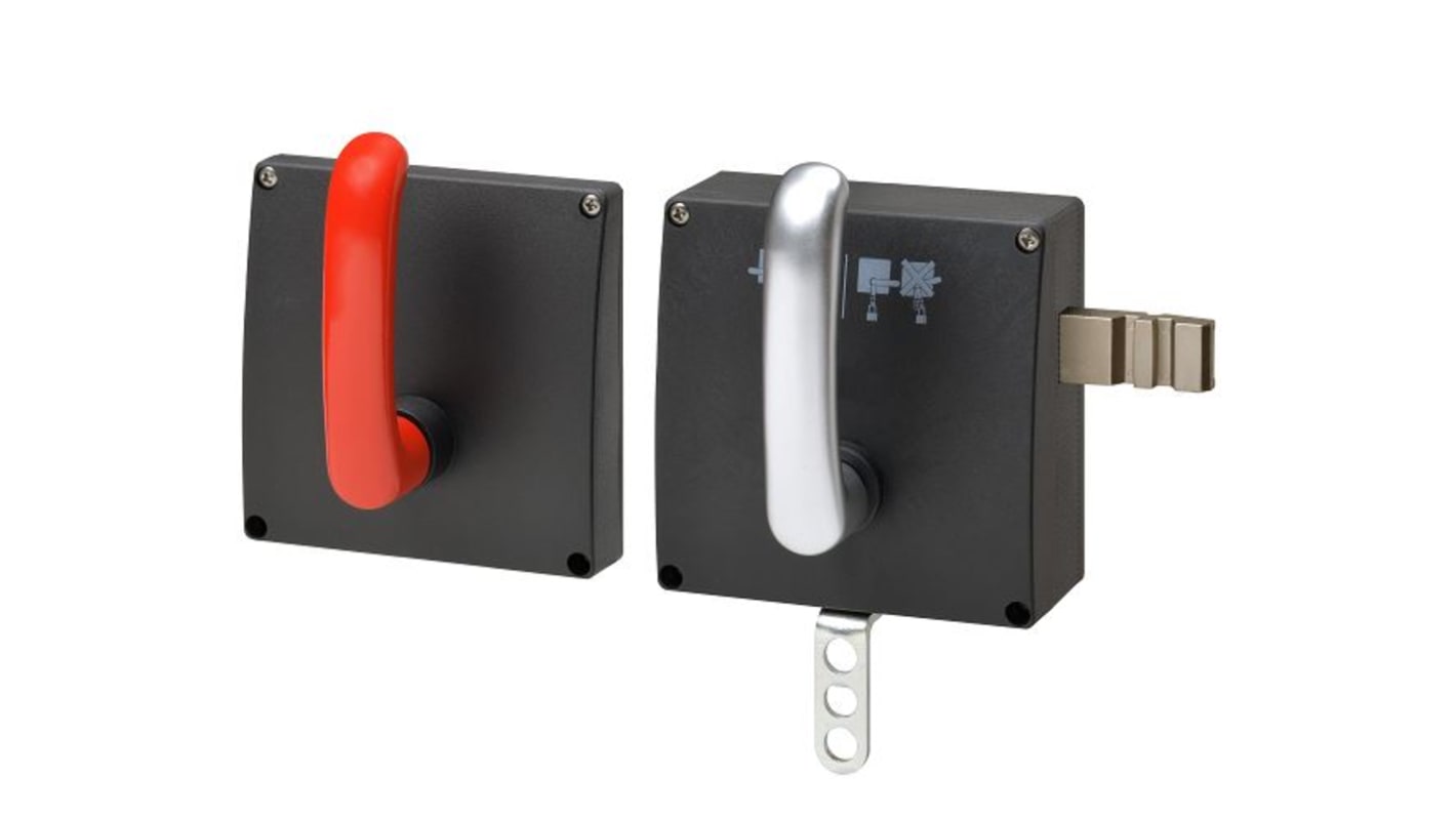 Attuatore Omron D41G-A2L-E1T per interruttori di interblocco, con leva sinistra e etichetta di blocco, in plastica.