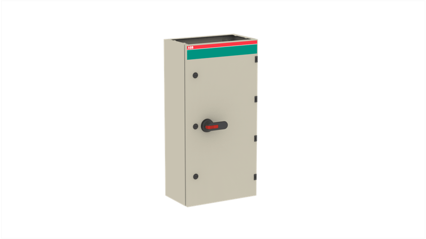 Interruttore di isolamento ABB 4 poli, 690V, in acciaio galvanizzato, adatto per esterni, con protezione UV e funzione di rilascio gas.
