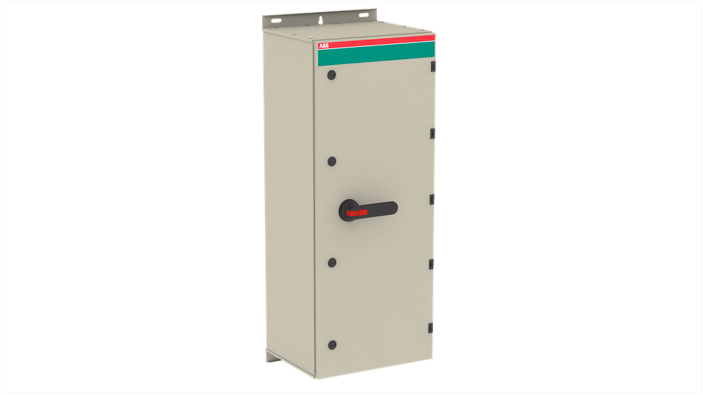 Interruttore di isolamento ABB, 2 poli, 690V, in acciaio galvanizzato, adatto per esterni, con protezione UV e funzione di rilascio gas.