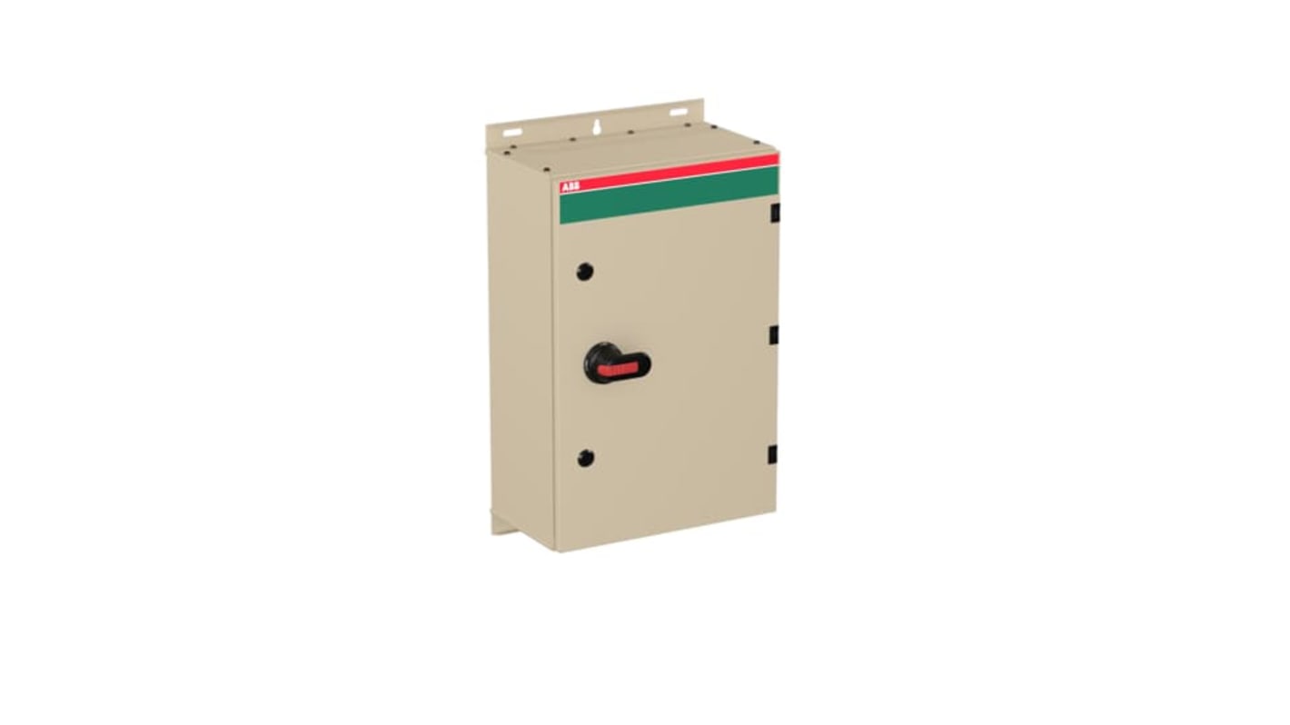Interruttore di isolamento ABB 3 poli, 690V, con contenitore in acciaio galvanizzato, adatto per esterni e protezione UV.