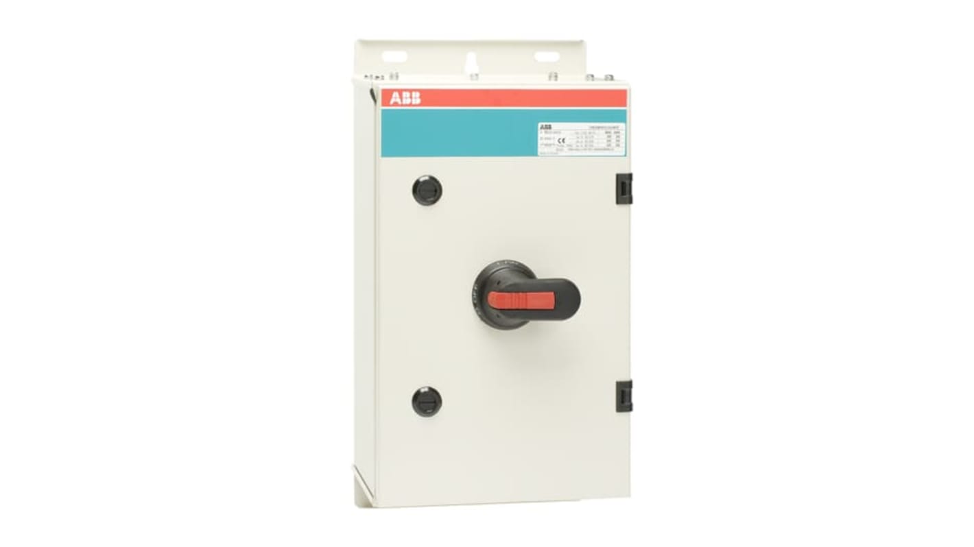 Interruttore di isolamento ABB 4 poli, 690V, in acciaio galvanizzato, adatto per esterni, con impugnatura bloccabile.